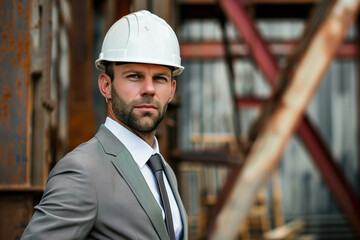 Wall Mural - A man in a hard hat and safety glasses is standing in front of a pile of rocks. He is wearing a suit and tie and he is looking up at something. Concept of professionalism and focus