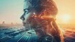 © stockpro - Digital portrait of a woman with a futuristic overlay, depicting innovation, technology, and renewable energy on a solar panel background.