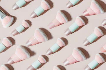 Poster - Elegant Pattern of Pink Makeup Brushes on a Monochrome Beige Background, Emphasizing Simplicity and Texture