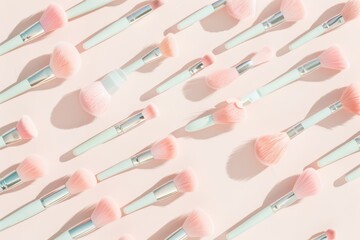 Poster - Elegant Simplicity: Soft Pink Makeup Brushes on a Pale Beige Background in Even Distribution, Emphasizing Monochromatic Color Scheme and Clean Composition