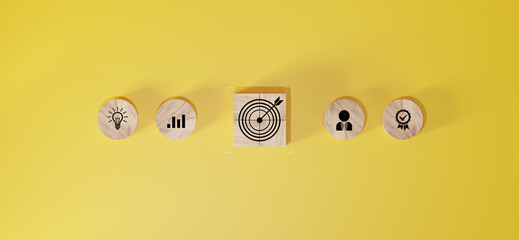 Wall Mural - woods block step on table with icon action plan, goal and target, success and business target concep