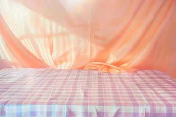 Poster - Serene Craft Room with Pastel Pink Gingham Fabric and Subtle Light Effects, Ideal for Creative DIY Project Settings