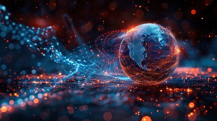 Poster - network traffic visualized across a digital earth. stock image
