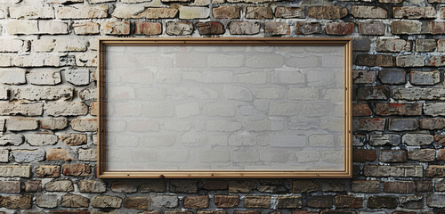 Blank frame on a vintage brick wall, 3D rendered poster mockup with a light border, ideal for artistic showcases.