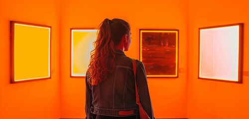 Young woman in an art gallery, observing empty canvases, set against a vibrant tangerine backdrop.