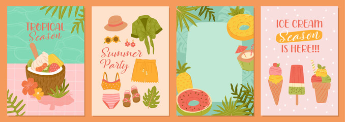 Tropical beach summer collection. Ice cream, Fruit salad, summer fashion and pool floaters for vector cards, posters and background