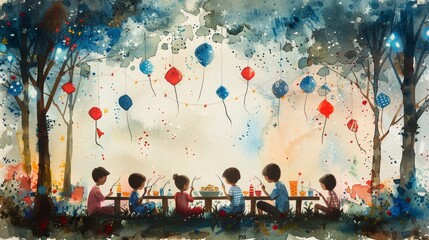 Memorial Day watercolor cartoon featuring a family picnic in a park, with children flying kites, and red, white, and blue decorations Generative AI