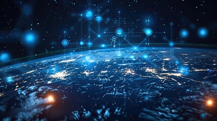 Poster - digital connectivity icons floating around the earth. stock image