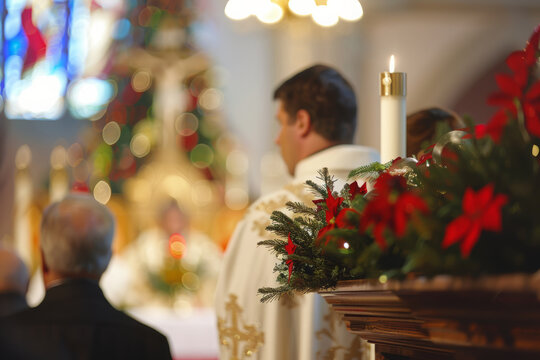 A priest is standing at the altar with Christmas decorations and poinsettias on it. People are in the background with a bokeh effect.