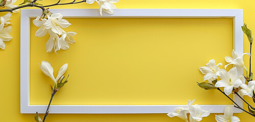 Wall Mural - White frame for paintings or photographs on jonquil yellow background, sleek design concept,