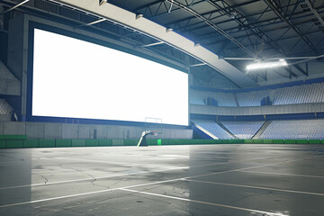 Realistic 3D render of a sports arena with a large blank billboard for sponsor ads, enhanced by a light border.