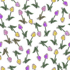 Wall Mural - Seamless pattern of colorful tulips. Drawn, highly realistic, vector, spring flowers for fabric, prints, decorations, invitation cards.