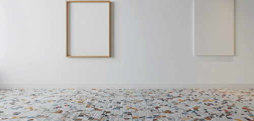 Minimalist room with a blank mockup frame on a white wall and a mosaic tile floor. High-definition 3D render.