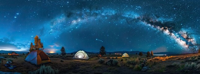 Wall Mural - A stunning panoramic view of a camping site under a starry sky with the Milky Way spreading across the horizon.
