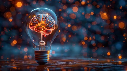 Wall Mural - Creativity and Design: A 3D vector illustration of a lightbulb with a brain inside