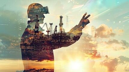 Wall Mural - Commanding figure of an engineer, gesturing towards high-tech HUD, seamlessly integrated with an oil rig landscape, double exposure technique, Photoshop mastery for intricate detail