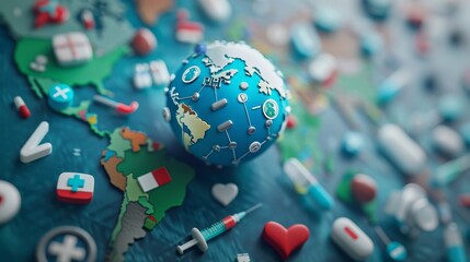 Wall Mural - Global Health: A 3D vector illustration of a world globe surrounded by medical icons like a stethoscope