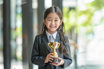 Wall Mural - Asian girl wearing dark gray school uniform suit, aged 6, gleefully raises her gold trophy aloft, proudly showcasing her achievement on the blue office background.