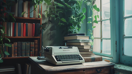 A typewriter sits on a desk next to a stack of books