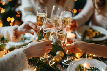 Women clinking glasses of tasty champagne at Christmas or New year party. Christmas dinner. Group of friends celebrating with champagne.