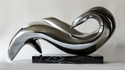 Wall Mural - A silver sculpture of a wave with a black base