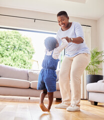 Poster - Mother, happy and dancing with child in living room, woman and toddler daughter for movement holding hands in apartment. Relationship, childhood and moving in lounge for music, weekend and smile