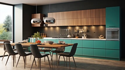 Wall Mural - Modern elegant kitchen with turquoise wall