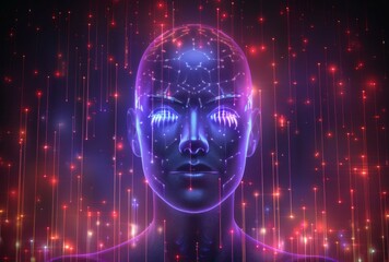 Poster - A futuristic image of a human head with glowing lights. AI.