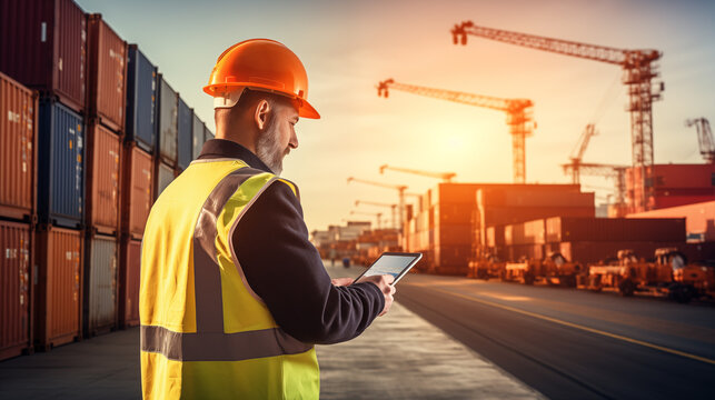 A male worker using a tablet works in a seaport container yard warehouse. Container warehouse inspection.