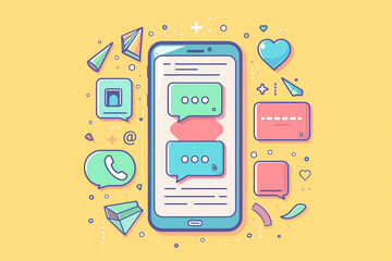 Mobile phone chat message notifications illustration. Colorful speech bubbles boxes on smartphone screen.