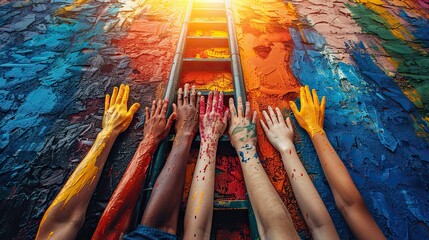 Poster - An abstract depiction of a ladder built by multiple hands, symbolizing cooperative effort to reach new heights. stock image