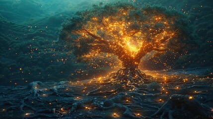 Poster - A digital image of a tree with branches held up by many hands, symbolizing support and growth. image