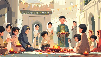 Detailed cartoon vector of a family performing the Eid al Adha sacrifice, with a focus on the cultural and religious significance of the event Generative AI