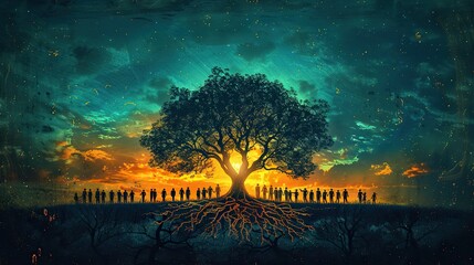 Poster - An illustration of a tree with roots made of interconnected hands, symbolizing foundational teamwork. photo