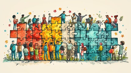 Poster - A drawing of a group of people assembling a jigsaw puzzle, symbolizing collective problem-solving. image