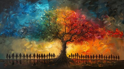 Poster - A painting of a tree with branches formed by people holding hands, symbolizing the strength of unity. photo