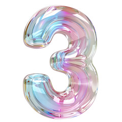 number 3 is made of glass with rainbow colors and light reflection on the surface on transparent png background