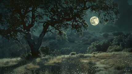 Wall Mural - The soft, diffused glow of a full moon bathes the landscape in silver light, casting shadows that dance in the night.