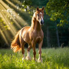 The bay horse gallops on the grass