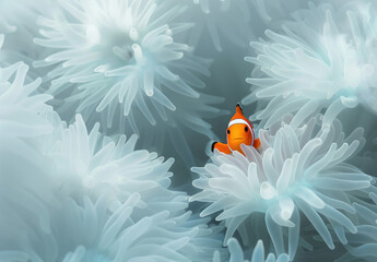 A clown fish peeking out from the white anemone in which it lives