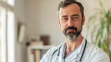 Wall Mural - Portrait of a male doctor in a medical gown in front of doctor's office. Medical specialist in the clinic