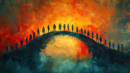 Poster - a conceptual drawing of people forming a bridge with their bodies, symbolizing human connections. st