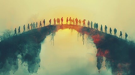 Poster - A conceptual drawing of people forming a bridge with their bodies, symbolizing human connections. photo