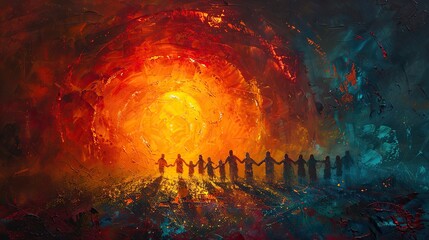 Wall Mural - A painting of a sunrise with people holding hands, representing a new dawn through collective effort. photo