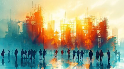 Poster - A painting of people working together to construct a building, symbolizing teamwork in creating infrastructure. stock image