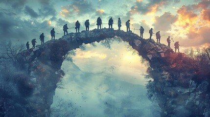 Poster - A drawing of people building a bridge together, symbolizing overcoming barriers through teamwork. stock image