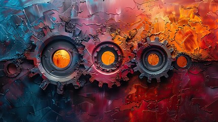 Fototapete - An abstract painting of gears meshing perfectly, symbolizing synchronized teamwork. photo