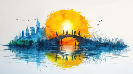Poster - A drawing of people building a bridge together, symbolizing overcoming barriers through teamwork. image