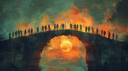 Poster - A drawing of people building a bridge together, symbolizing overcoming barriers through teamwork. photo