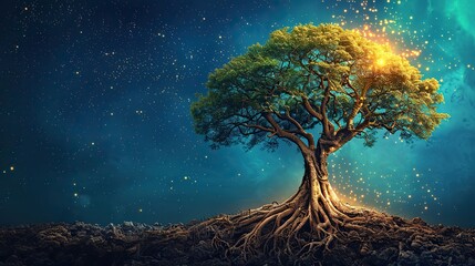 Poster - An illustration of a tree with deep, interconnected roots, symbolizing foundational teamwork. photo